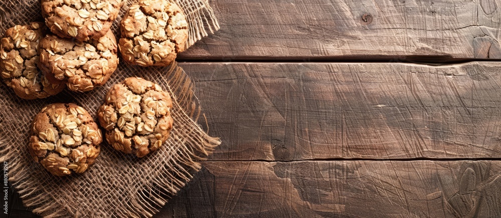 Poster oatmeal cookies displayed beautifully on a wooden table with copy space image