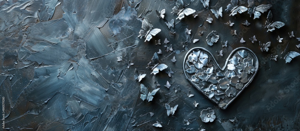 Aufkleber silver heart with butterflies symbolizing love placed on a dark graphite backdrop with copy space im