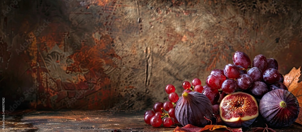 Poster autumn fruits like figs and red grapes displayed on a rustic backdrop with a large copy space image