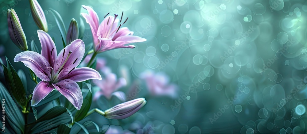 Aufkleber blurry green backdrop with lilac lilies providing copy space image emphasizing selective focus