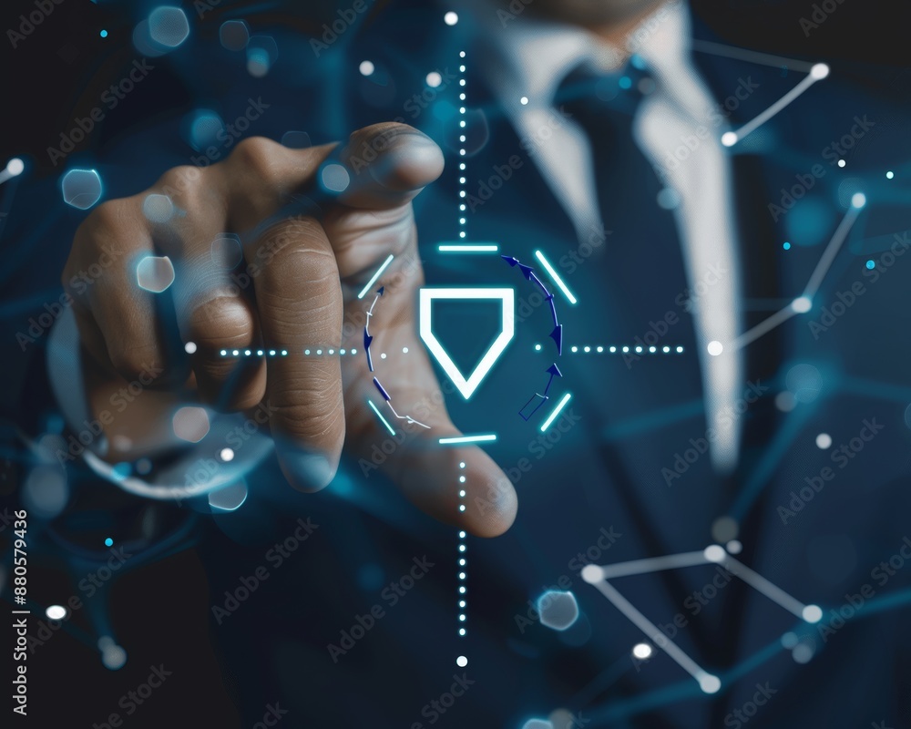 Poster businessman approving virtual document for workflow management and project approval