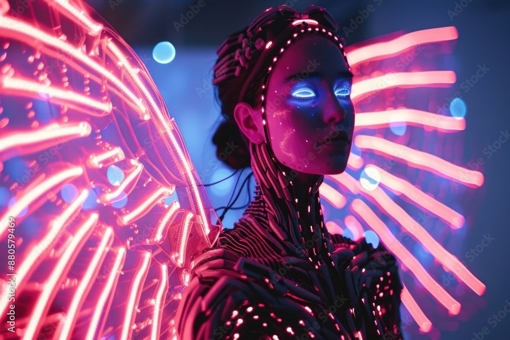 Poster a woman with illuminated wings stands in a dimly lit space, perfect for use as a mystical or superna