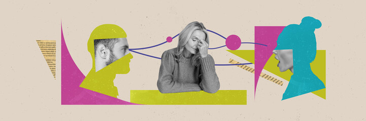 Trend artwork 3D sketch horizontal panorama collage of aged lady tired headache psychologist family...