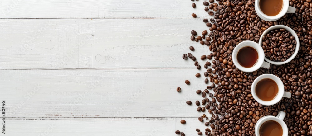 Poster coffee beans and cups arranged beautifully on a pristine white wooden surface with ample copy space 
