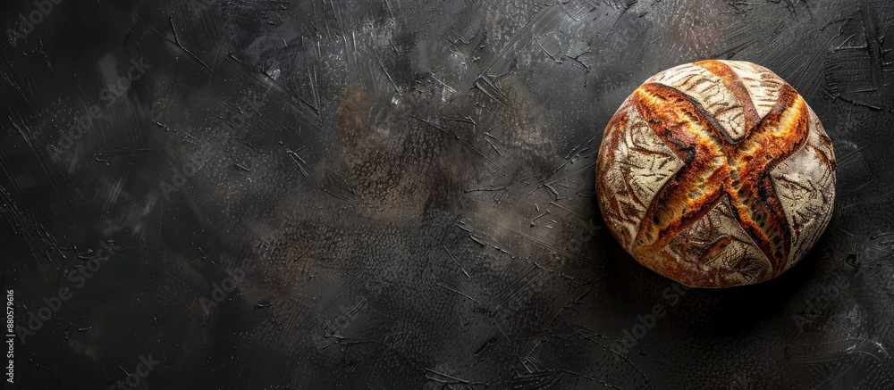 Poster A top down photo of a crusty sourdough loaf on a dark backdrop with space for text or design elements ideal as a food related copy space image