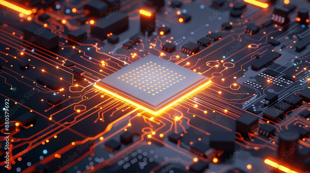 Poster advanced information technology concept with info symbol on microchip, orange neon data streams conn