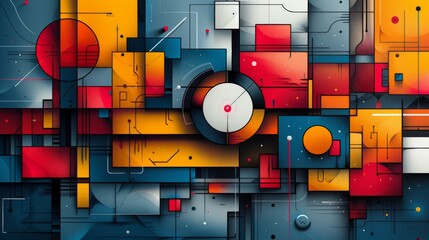 Colorful geometric shapes overlap, creating a modern abstract design with a tech feel. Vibrant blue, red, orange, yellow, white, gray, and black blend in a trendy, futuristic wallpaper