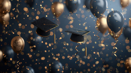 Graduated from University and College. Graduation caps cerebration concepts with luxury confetti and balloons on elegant background for Ads, banner, social media. Education School of Learning
