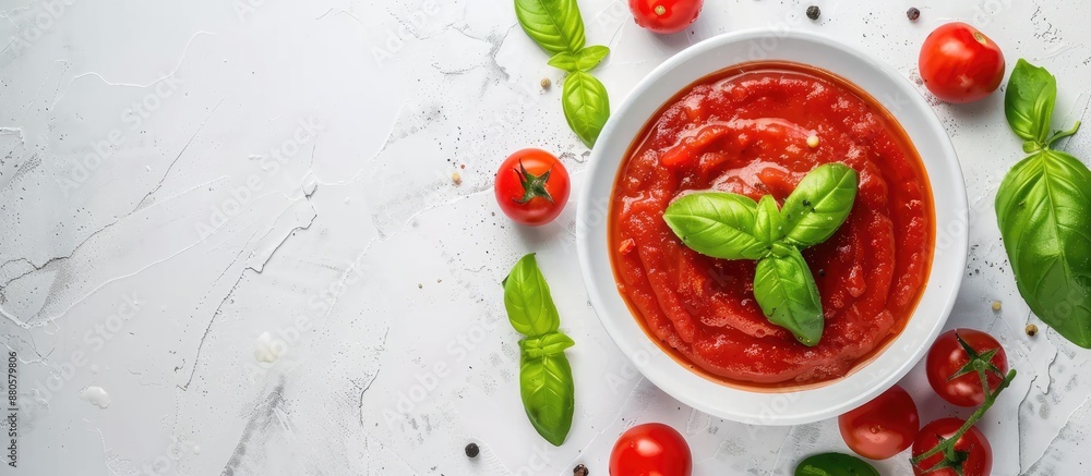Poster top view of a white background with a bowl of tomato sauce cherry tomatoes and fresh green basil nea