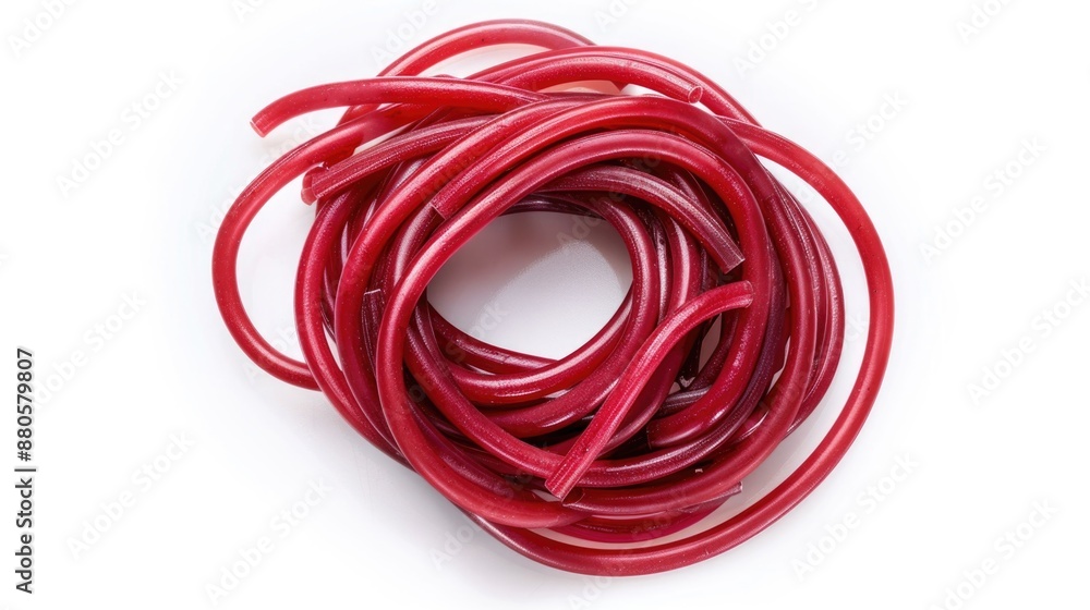 Poster close-up of a collection of red rubber cords arranged on a white surface