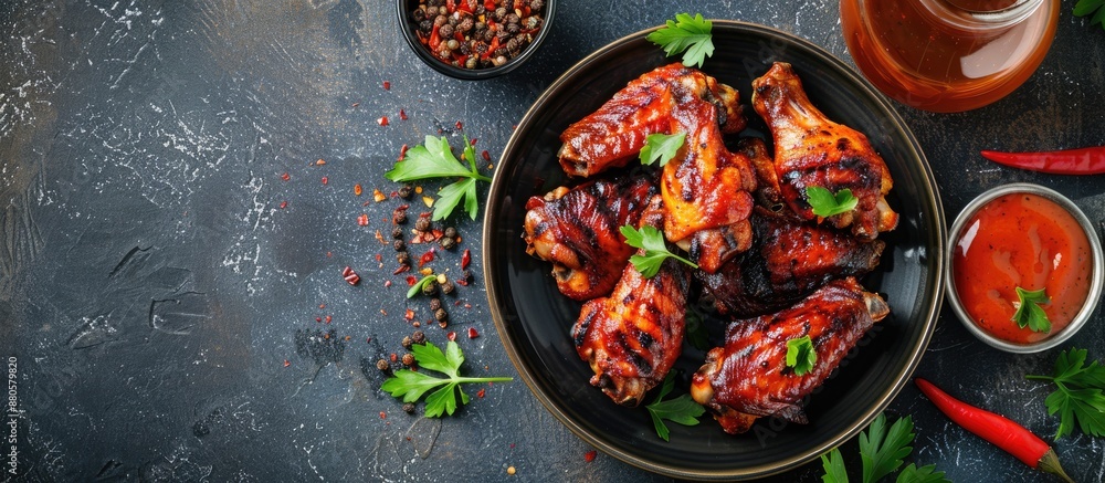 Poster Plate of grilled chicken wings with spices on a stone background ideal for adding text with copy space image