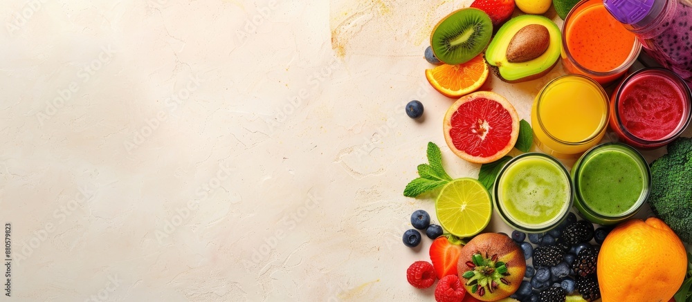 Poster top down view of fresh smoothies and juices made with a variety of fruits and vegetables against a b