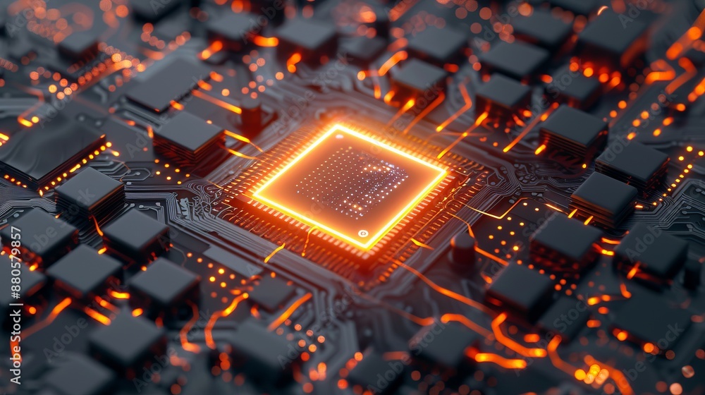 Poster advanced information technology concept with info symbol on microchip, orange neon data streams conn