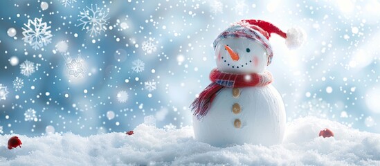 Snowman with a cheerful expression against a backdrop of snow suitable for adding text or images in the available copy space image