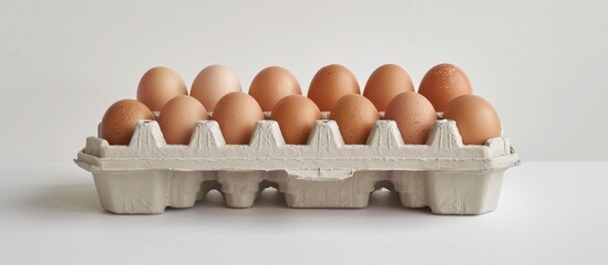 An egg carton with room for ten eggs set against a white background with space for text Displayed from the front with packaging details. copy space available