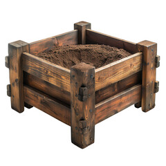 A rustic wooden planter box filled with soil, ready for planting.