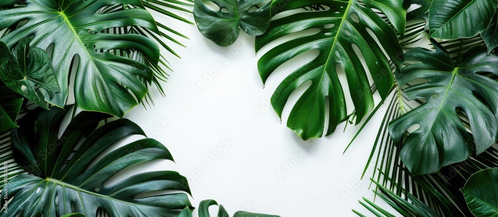 Poster leaves of exotic palm trees and monstera plant on white backdrop with copy space image