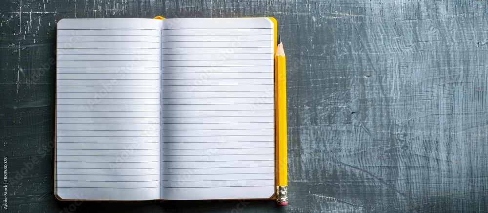 Fototapete top down view of a school notebook with a yellow pencil suitable for office related concepts shown w