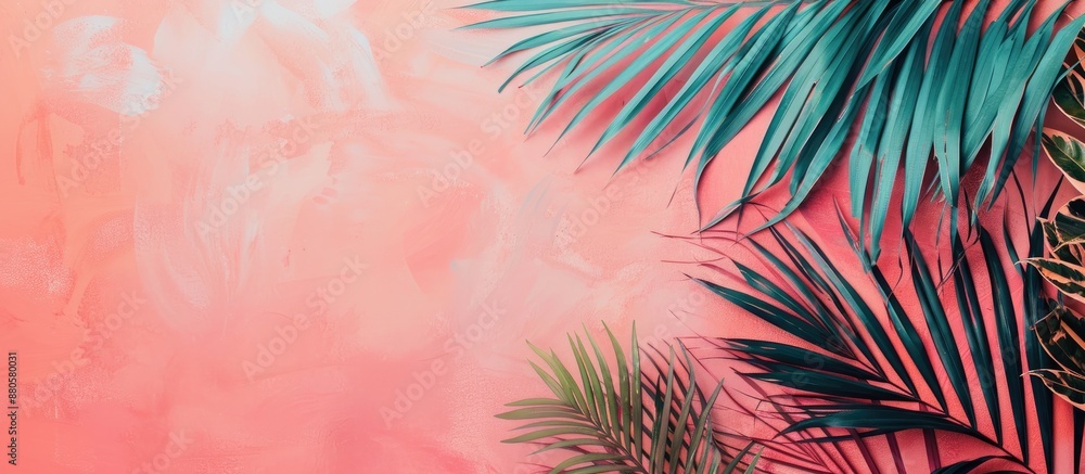 Poster Creative layout featuring colorful palm leaves on a coral backdrop with ample copy space image