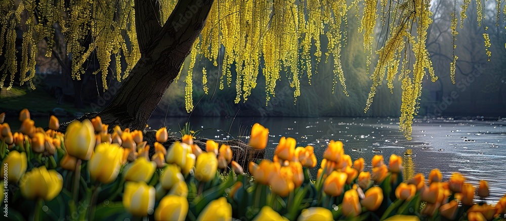 Poster A serene scene featuring yellow tulips surrounding a willow tree with branches providing a picturesque copy space image