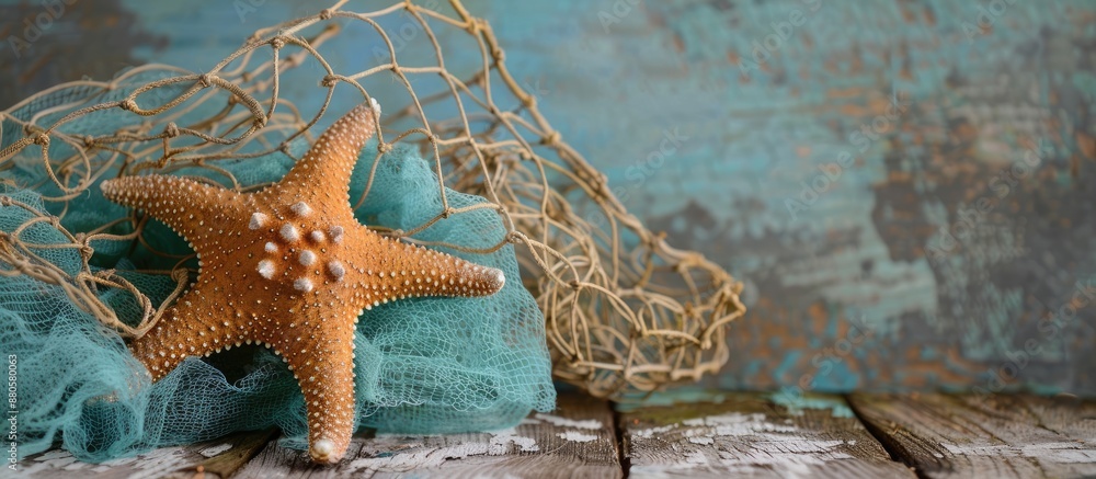 Poster A still life of a summer ocean scene featuring a starfish and fishing net on a backdrop with space for additional images