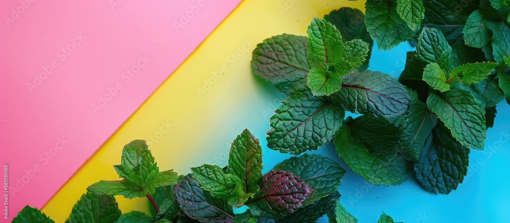 Poster Fresh mint leaves on a colorful backdrop showcased from above with room for text or images in the frame. copy space available