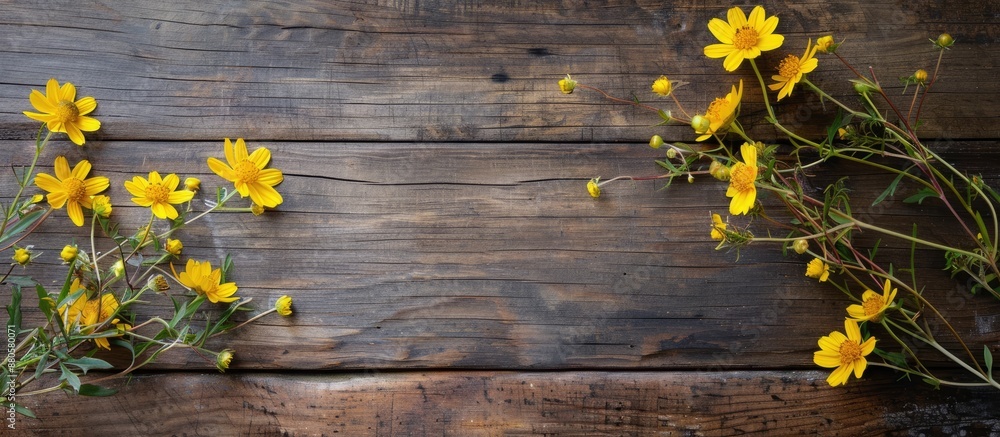 Aufkleber top view of yellow flowers on a wooden surface with copy space image available for text or design el