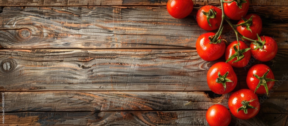 Poster Various fresh tomatoes displayed on a rustic wooden background captured from above with empty space for text or other elements in the image. copy space available