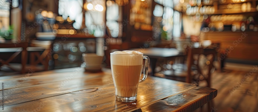 Poster An image of a beautifully crafted hot coffee latte with selective and soft focus in a cozy coffee shop setting leaving copy space for customization