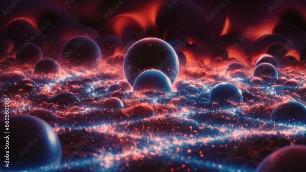 Poster a digital image of a field with many spheres in it, ai