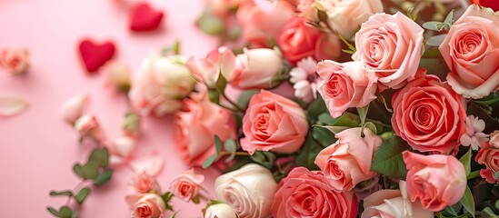 Valentine s Day mock up featuring a floral arrangement with roses hearts and room for text designed for your message or advertisement. copy space available