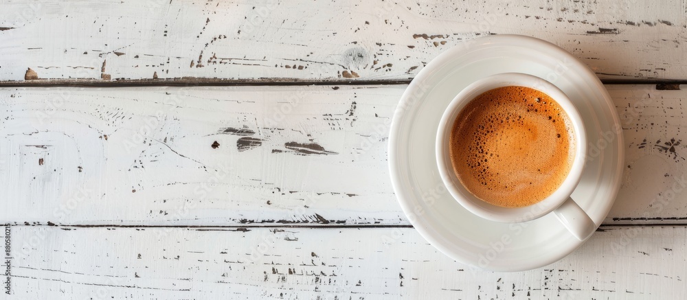 Poster tasty coffee with milk in a cup on a white wooden table with a copy space image