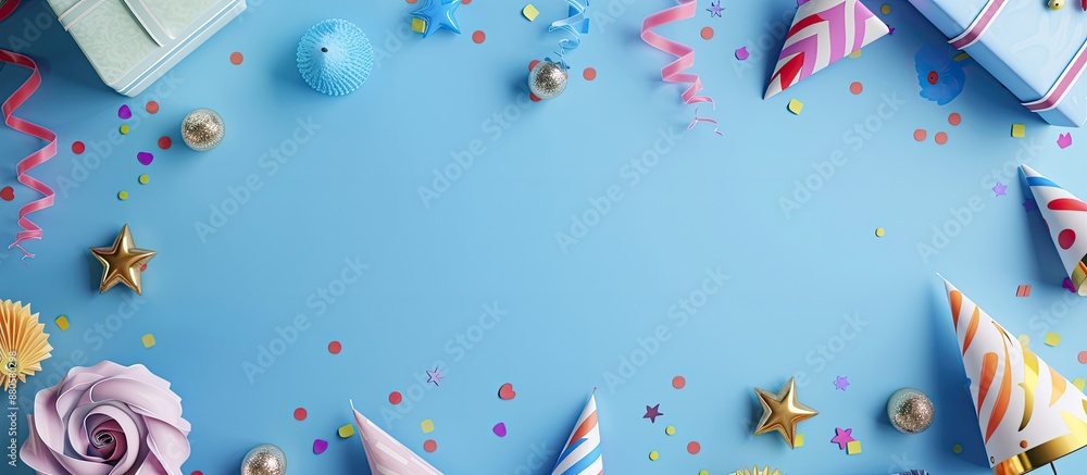 Poster flat lay abstract background with birthday party decorations like candles streamers hats and gift bo