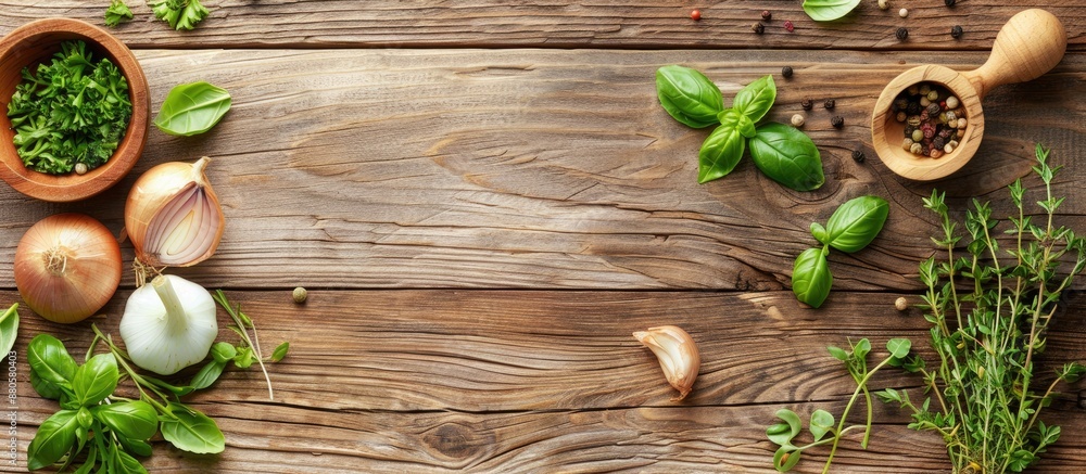 Poster Light wooden table with a sliced onion potted herbs and a blank space for an image. copy space available