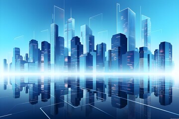 Obraz premium The graphic representation of modern skyscrapers in a futuristic financial district, with an architectural blue background, is suitable for corporate and business brochure templates.