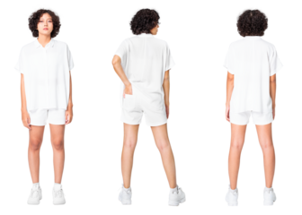 Woman png mockup in white shorts basic wear full body set