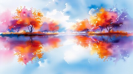 Vibrant watercolor landscape with autumn trees reflecting in a serene lake under a bright sky, capturing the beauty of nature.