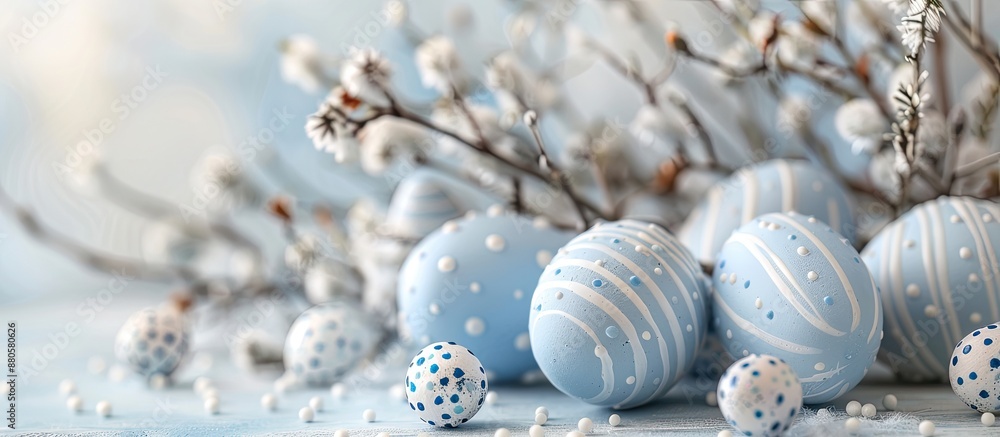 Poster close up image of blue and white easter eggs on a light backdrop with room for copying