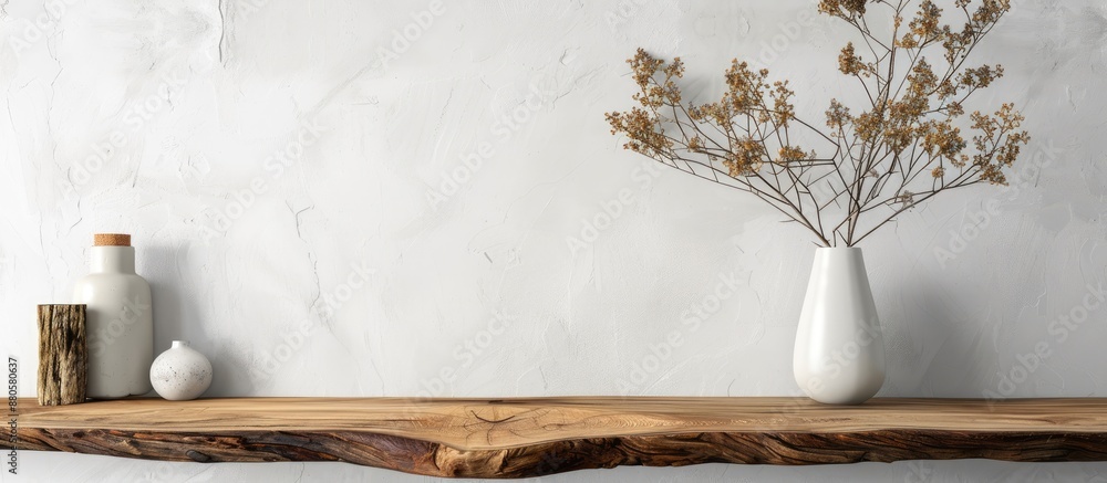 Fototapete Empty copy space image on a white wall background with wood on the table suitable for product display or montage