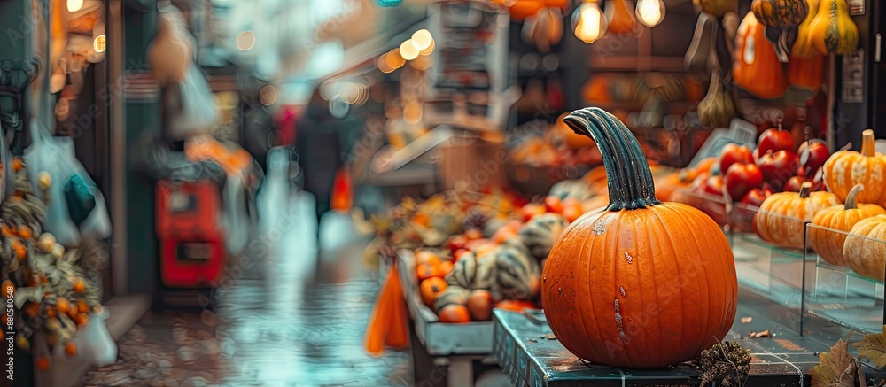 Poster Concept of fall feasts and markets with an orange pumpkin in a shopping setting featuring a thematic display with copy space image