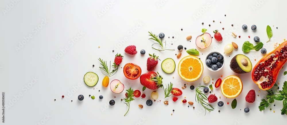 Poster Nutritious food displayed on a plain white background reflecting the concept of a healthy diet with ample copy space image