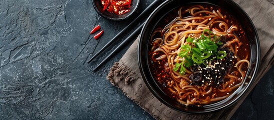 Korean noodle dish with black bean sauce garnished with cucumber and sesame seeds perfect for a copy space image