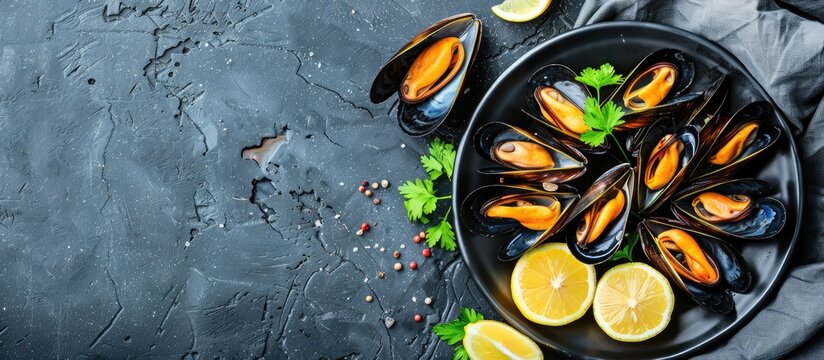 Top view of mussels cooked in wine with parsley and lemon on a plate creating a seafood themed copy space image