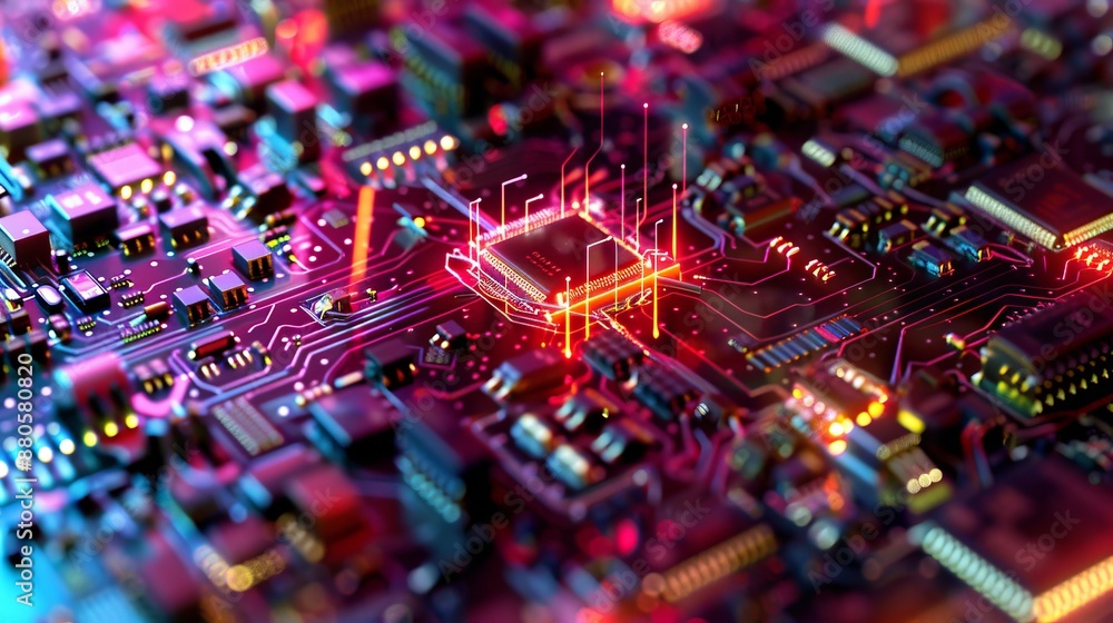 Poster close-up view of advanced integrated microchip on circuit board with glowing blue traces, highlighti