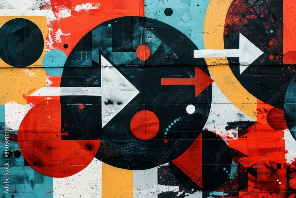 Poster colorful geometric shapes and arrows are making a dynamic and vibrant modern abstract street art com
