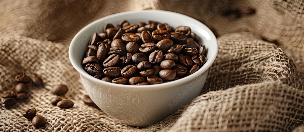 Poster a white cup with roasted coffee beans on sackcloth can serve as a copy space image backdrop