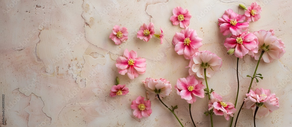 Leinwandbilder Pink primula flowers against a beige backdrop in a flat lay setting with ample copy space image to add different texts reflecting the blooming of spring