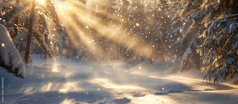 Poster A snowy blizzard illuminated by sun rays creating a striking wintry scene with space for text in the image. copy space available
