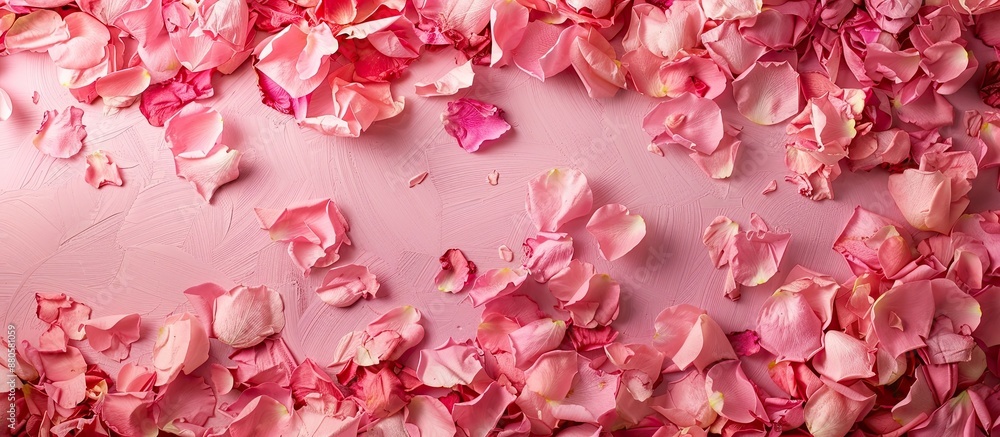 Poster A crumpled pink wedding background adorned with rose petals seen from above creating a romantic setting with copy space image