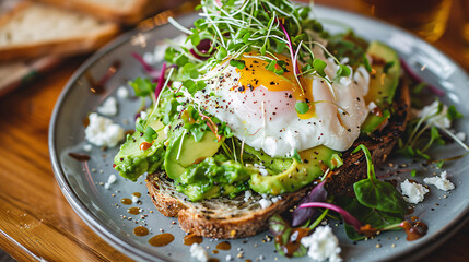 Vibrant green avocado toast with poached egg and microgreens on sourdough bread
